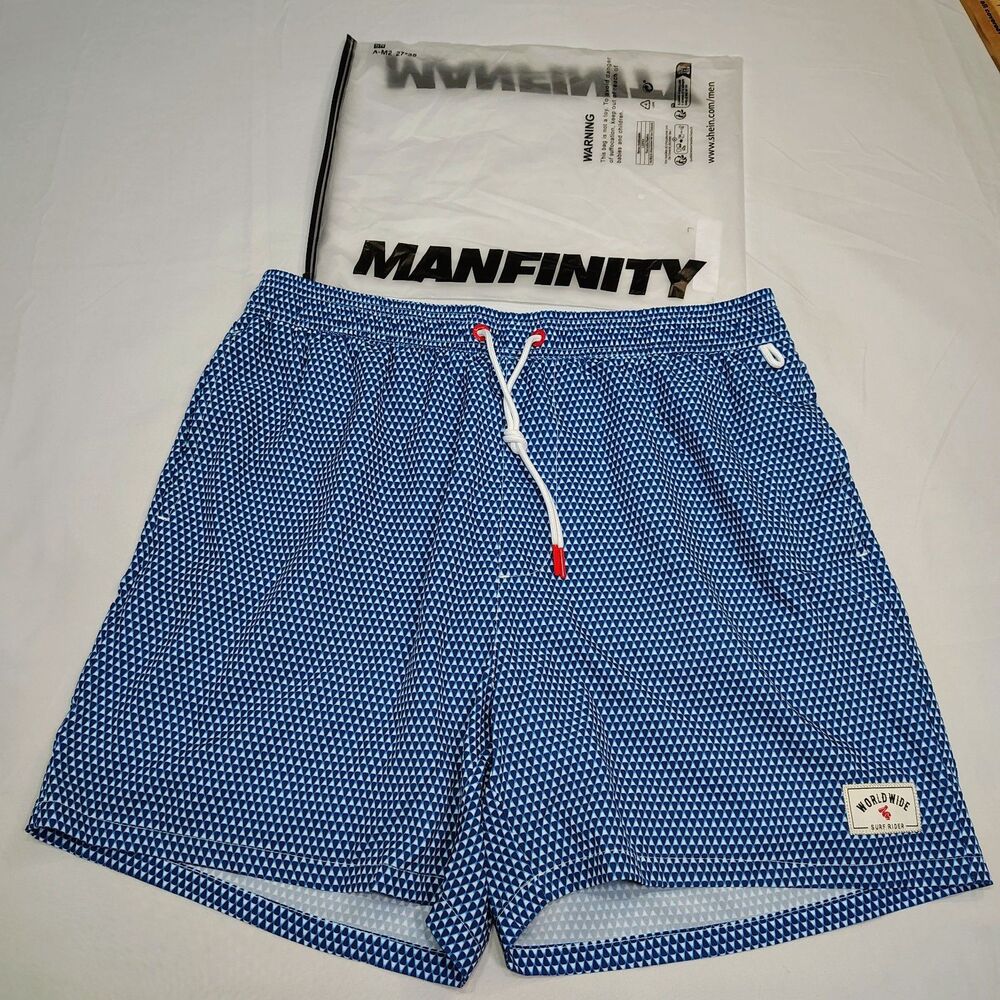 NEW Manfinity Blue White Geometric Drawstring Swim Trunk Bottoms Sz L Beach Pool